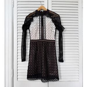 SELF-PORTRAIT Geometric Monochrome Lace Mini Dress, Size 4